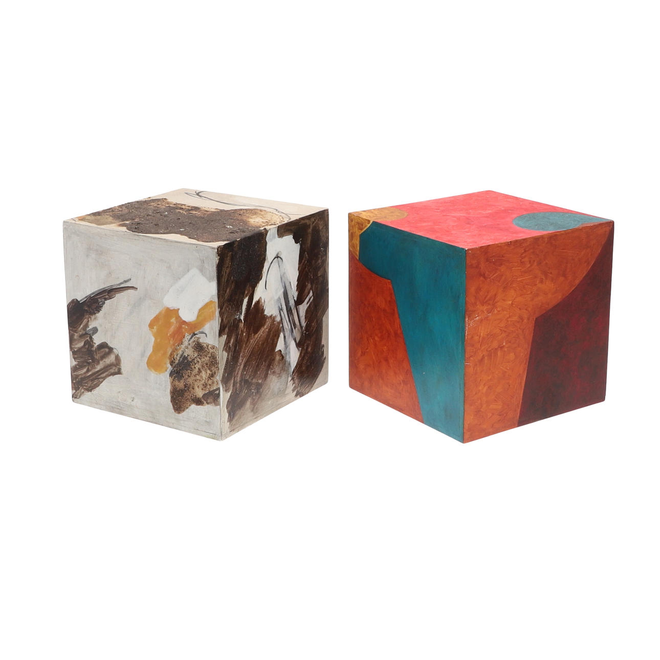 BÉ VAN DE HEIDE (B. 1938). PAINTED WOODEN CUBE & ANOTHER CUBE.