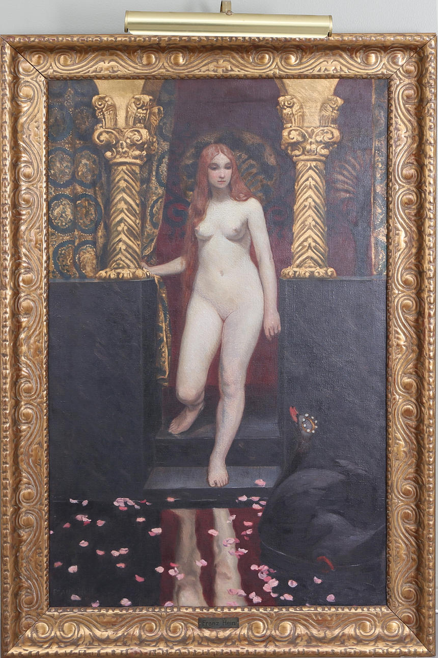 FRANZ HEIN (1863-1927). Kvinna med näckrosor,"MÄRCHEN (Fee und Schwan)", olja på duk, signerad.
