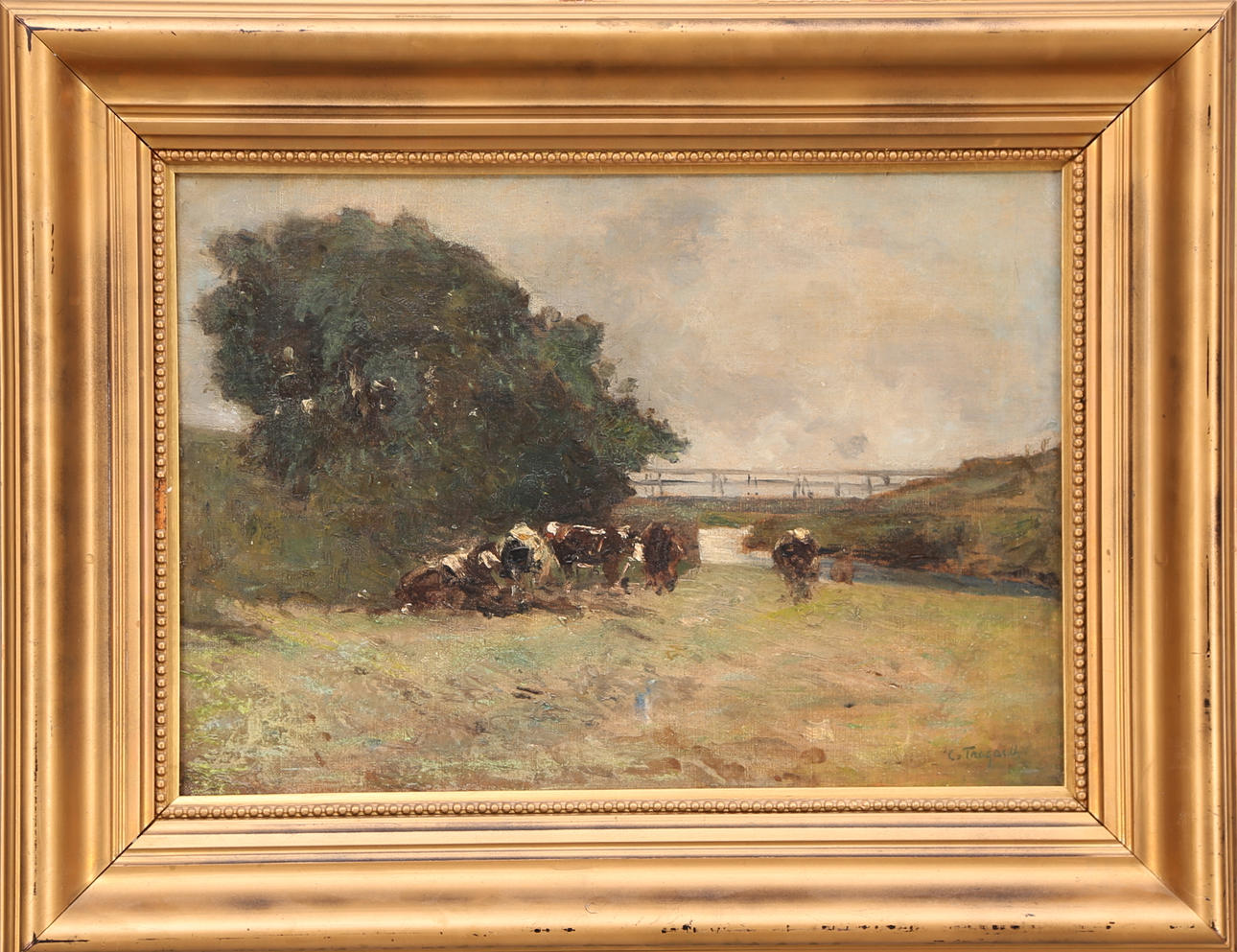 CARL TRÄDGÅRDH. olja duk, signerad C.Trädgårdh, landskap med betande/vilande kor.
