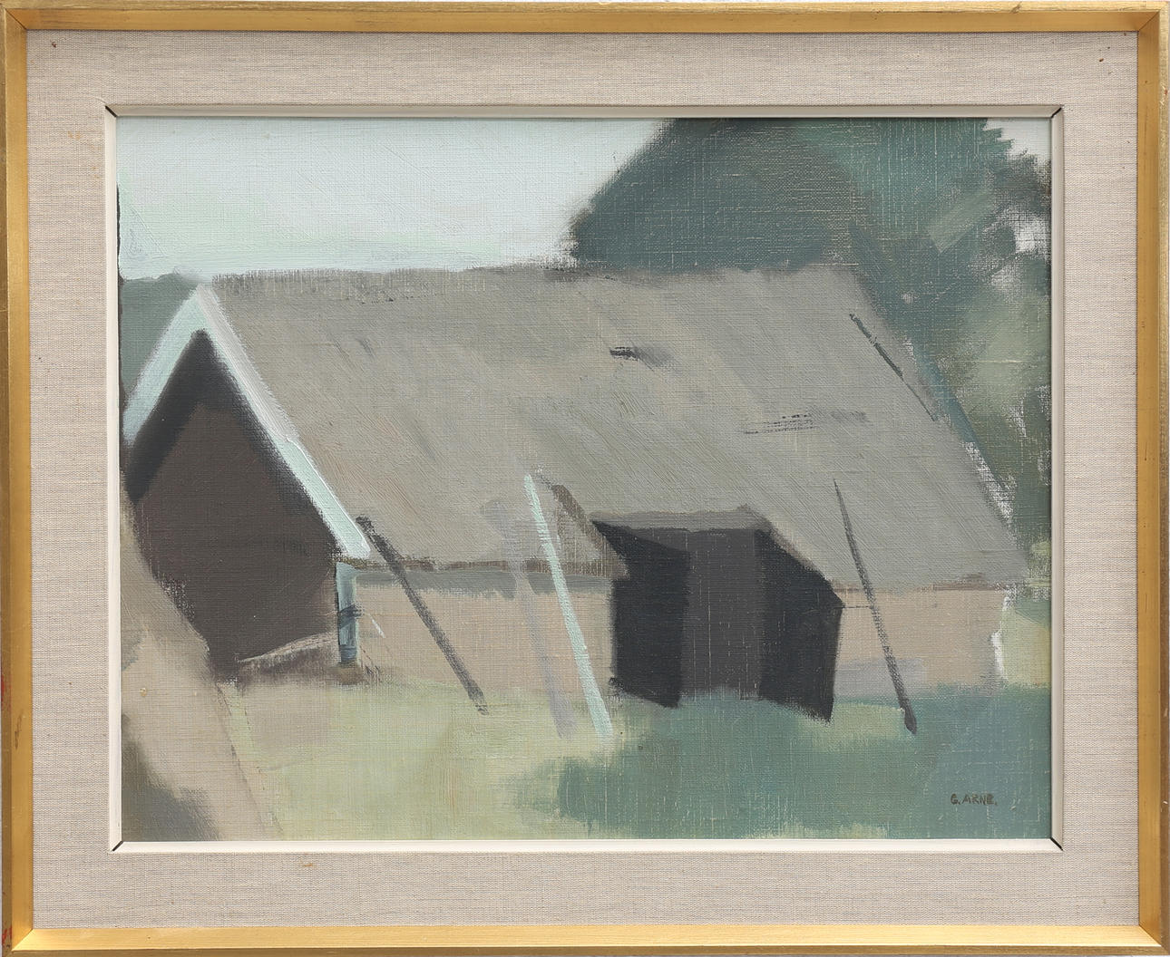 GUSTAV ARNE. Ladugård, olja på pannå, signerad G. ARNE.