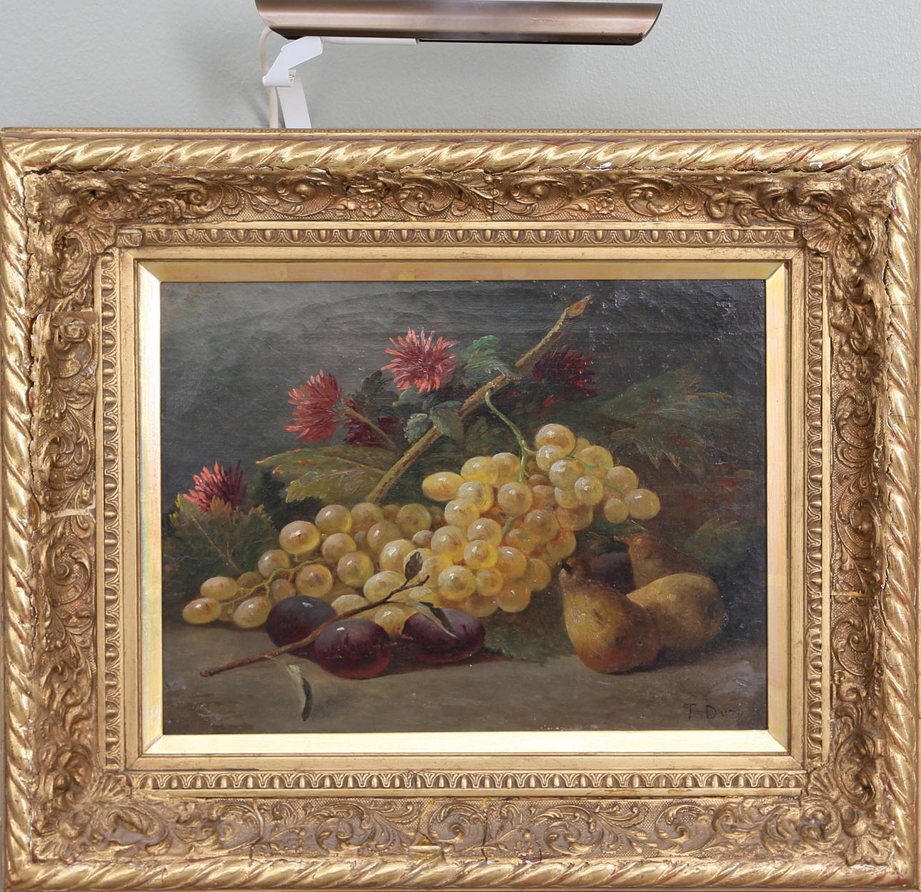 ANTOINE DURY. Stilleben med frukt och blommor, olja på duk, signerad.