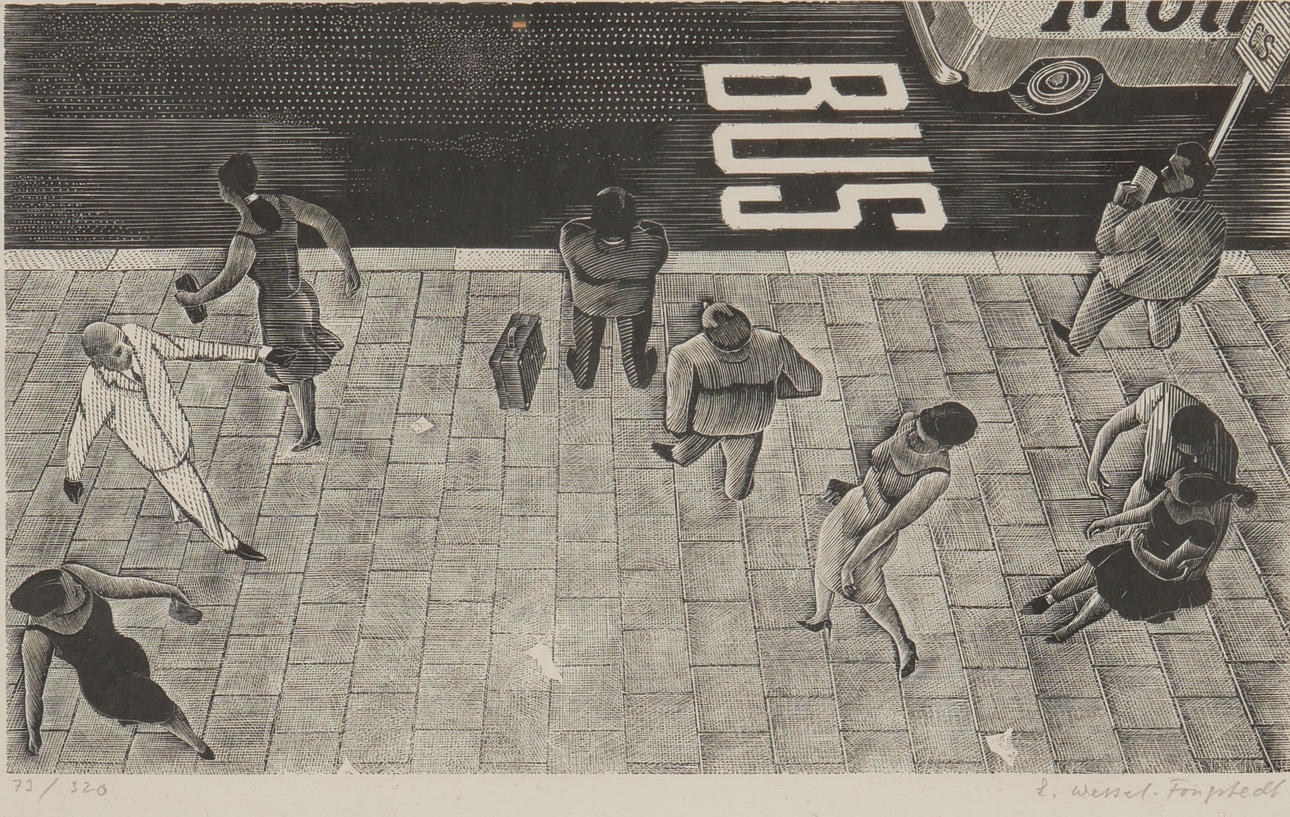 ERIK WESSEL-FOUGSTEDT. Bus stop, lithograph, signed.