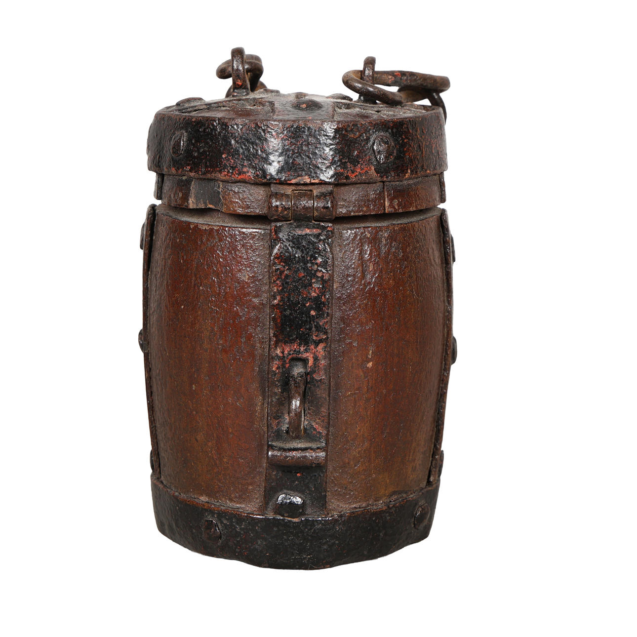 A 17TH CENTURY OAK & IRON BOUND BARREL SHAPED ALMS BOX. Swedish Folk ...