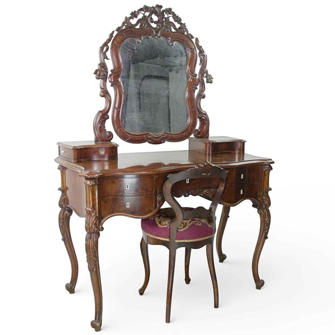A Neo-Rococo, mahogany veneer dressing table with mirror and chair ...