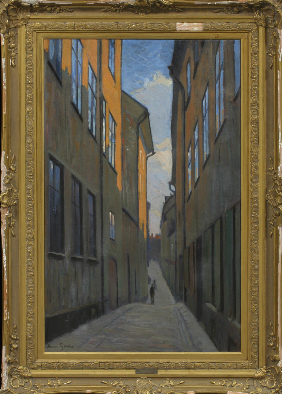 ARON GERLE. "Prästgatan", olja på pannå, signerad.