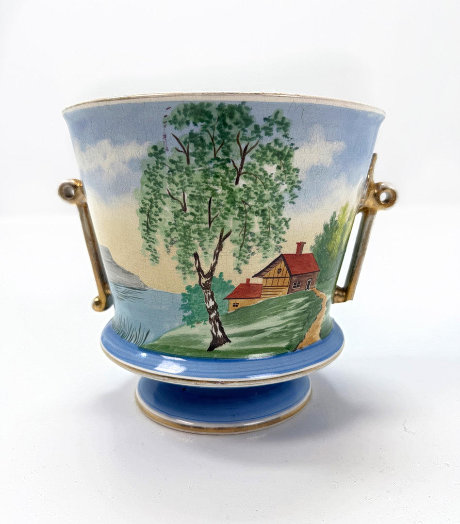 OUTER LINING Gustavsberg, flintware empire hand painted with signature S.E, early 20th century.