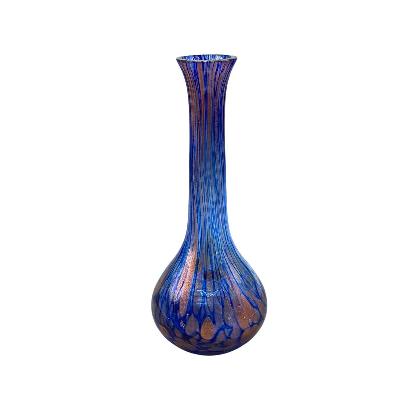 BLUE GLASS VASE WITH COPPER ACCENTS.