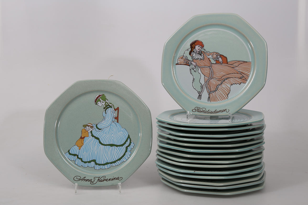 SAMLARTALLRIKAR, stengods, 16 stycken, motiv av Åke Arenhill, Höganäs.