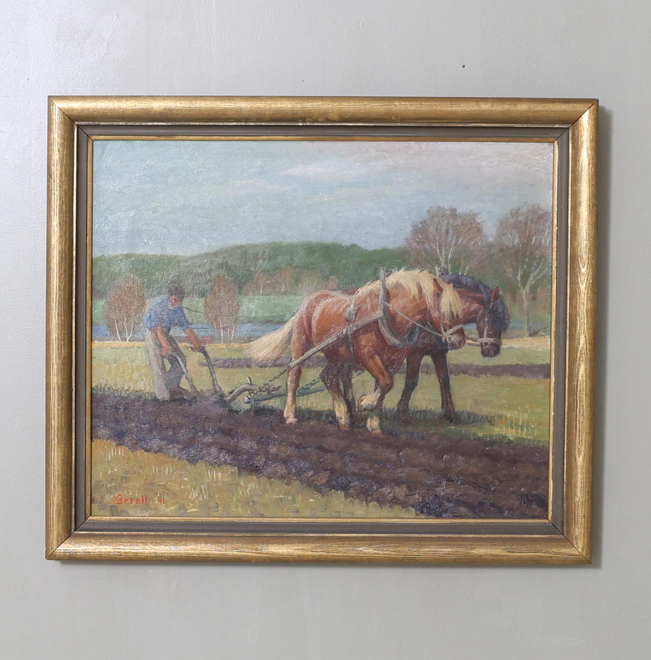 GRETA GERELL. Oil on canvas, “Spring Plowing”, signed and dated -41.