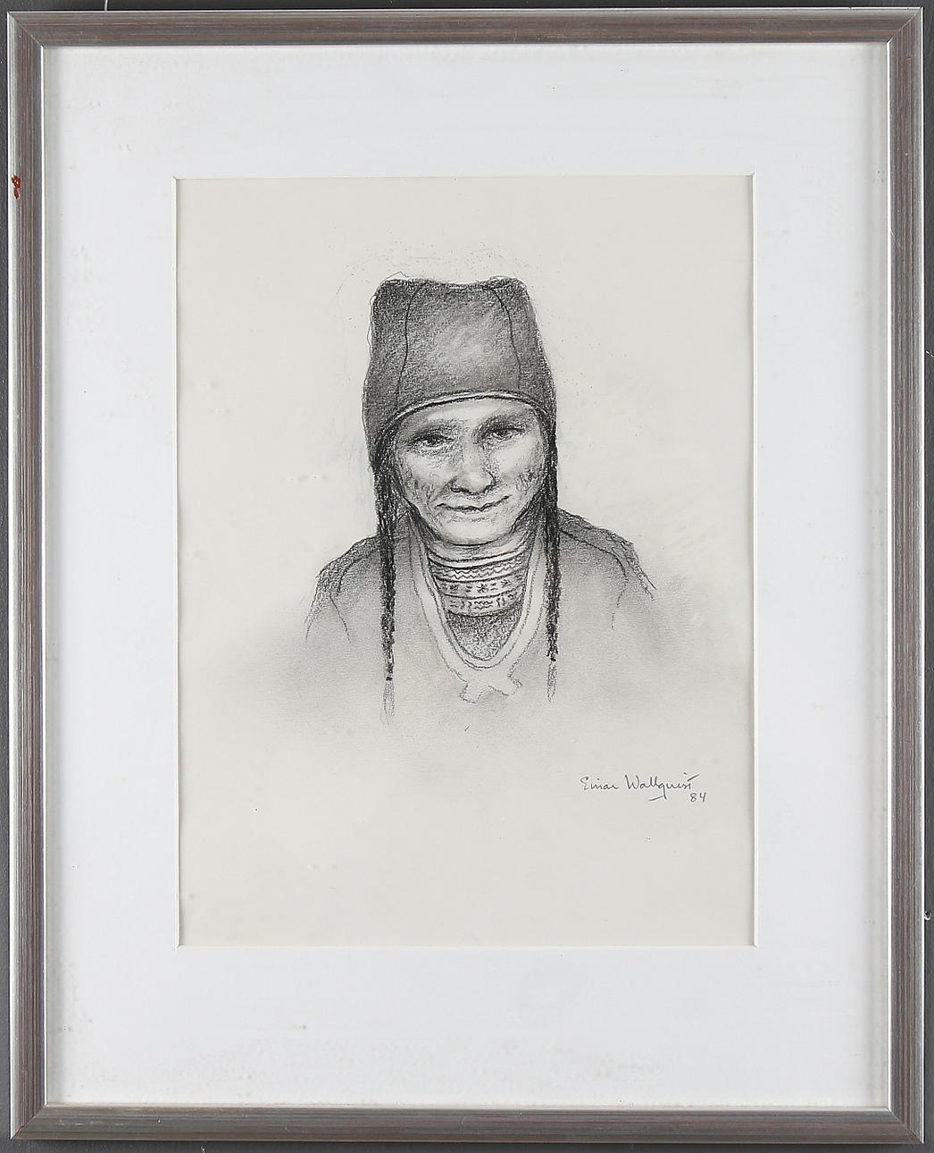 EINAR WALLQVIST (LAPPMARKSDOKTORN). Sameflicka, kol och blyerts, signerad och daterad -84.