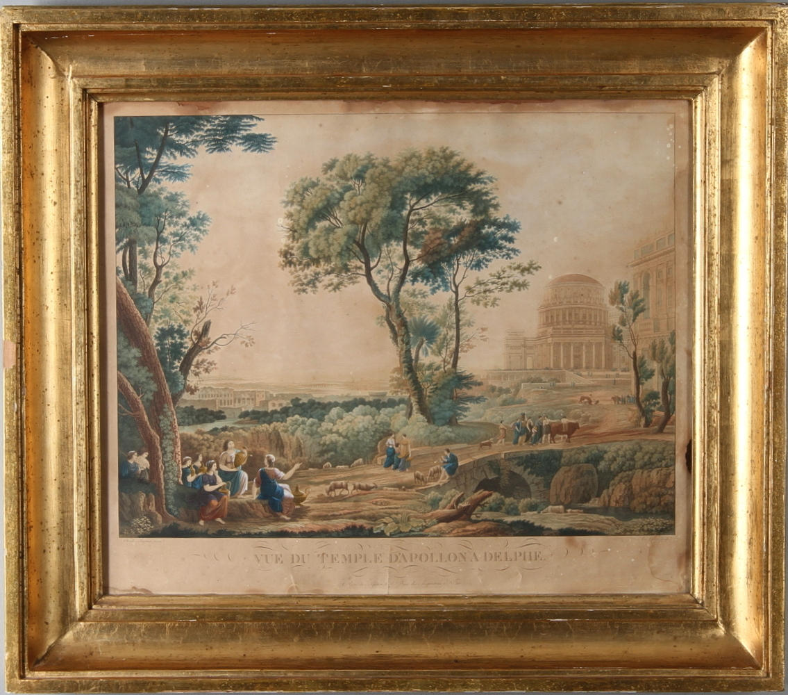 GRAFISKT BLAD, kolorerat, "Vue du Temple D'Apollona Delphe", 1800-tal.