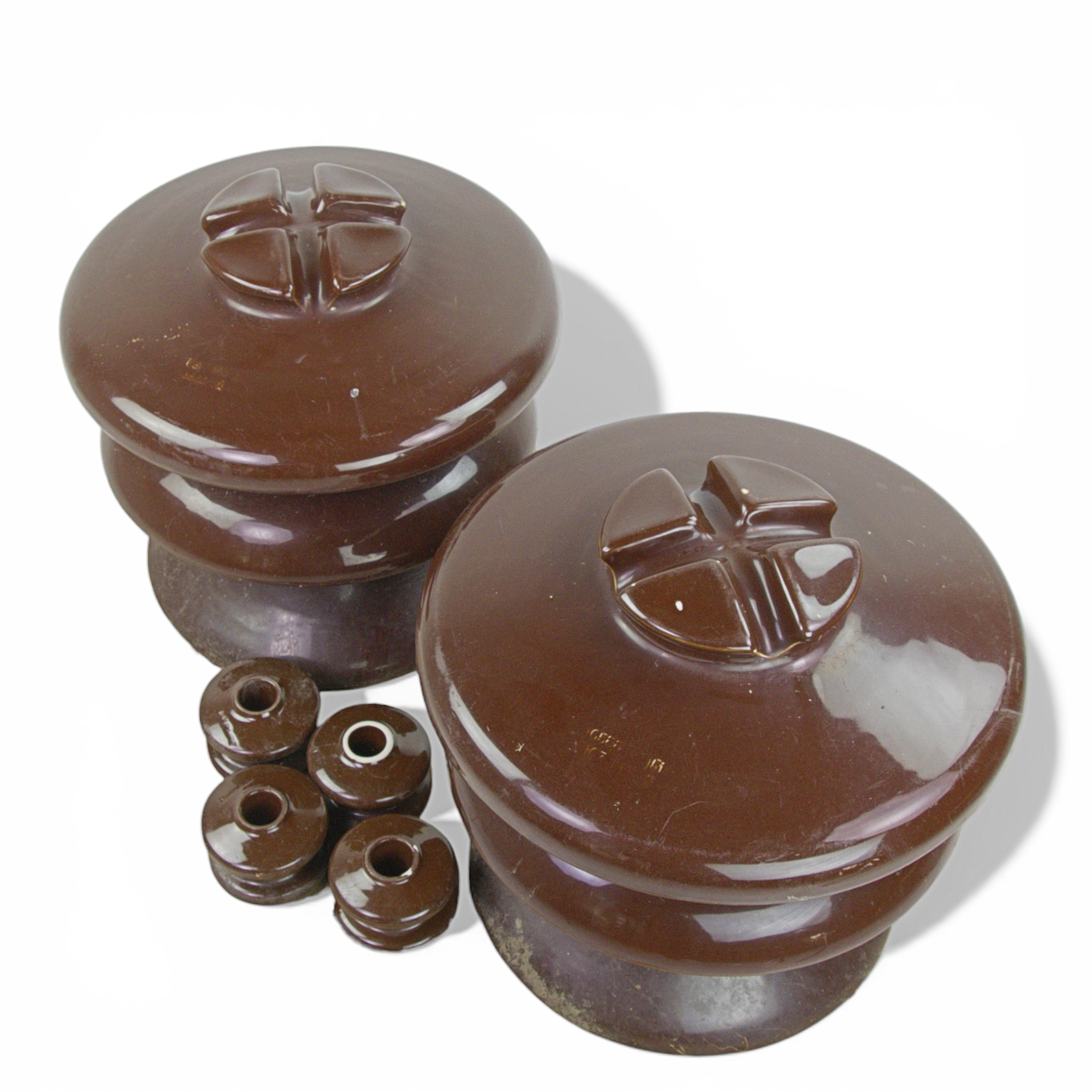INSULATORS, 2 large + 4 small, brown porcelain.