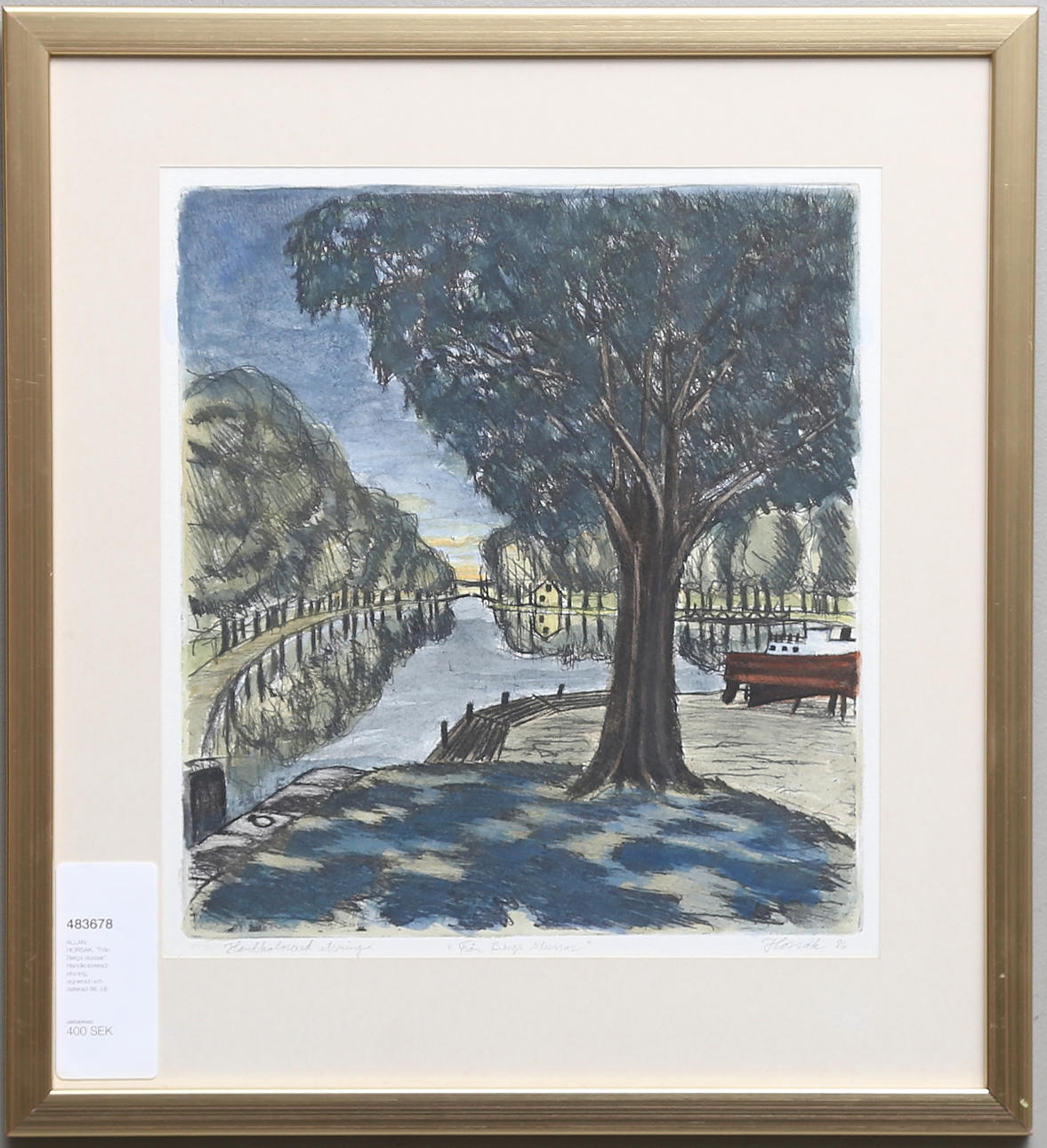 ALLAN HORSAK. "Från Bergs slussar". Handkolorerad etsning, signerad och daterad 86.