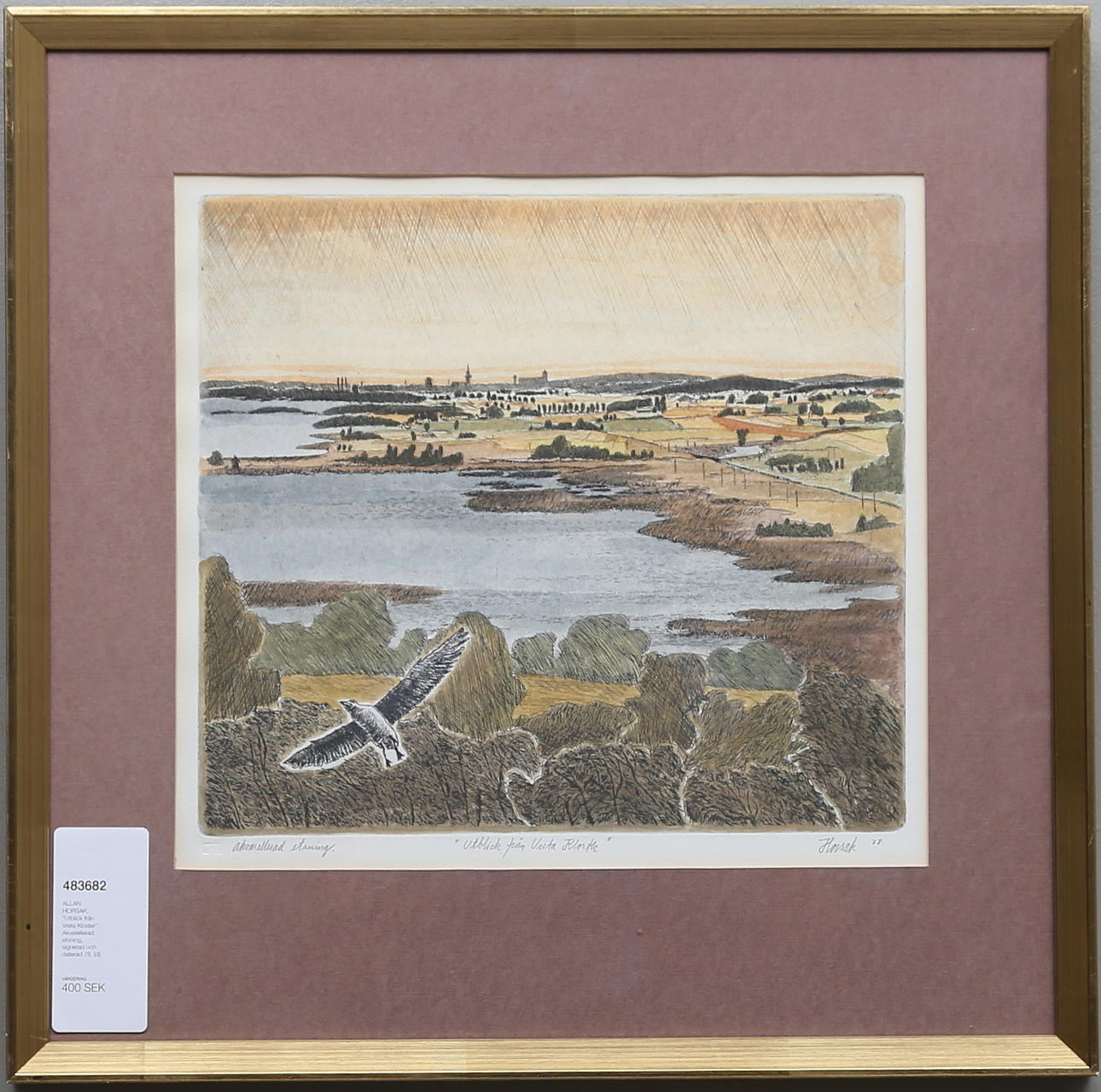 ALLAN HORSAK. "Utblick från Vreta Kloster". Akvarellerad etsning, signerad och daterad 78.