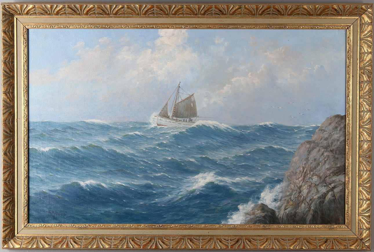 LEONARD WIEDH. Marint motiv med båt, olja på duk, signerad.