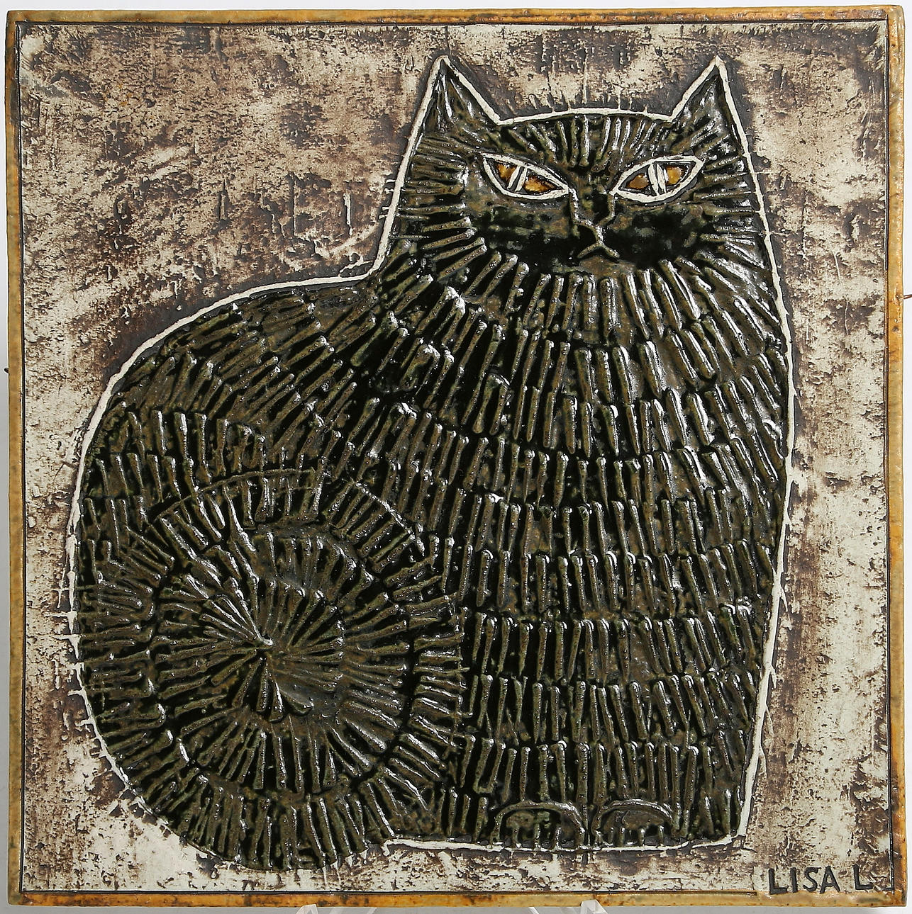 LISA LARSON. Väggrelief, stengods, katt, Gustavsberg, 1900-tal.