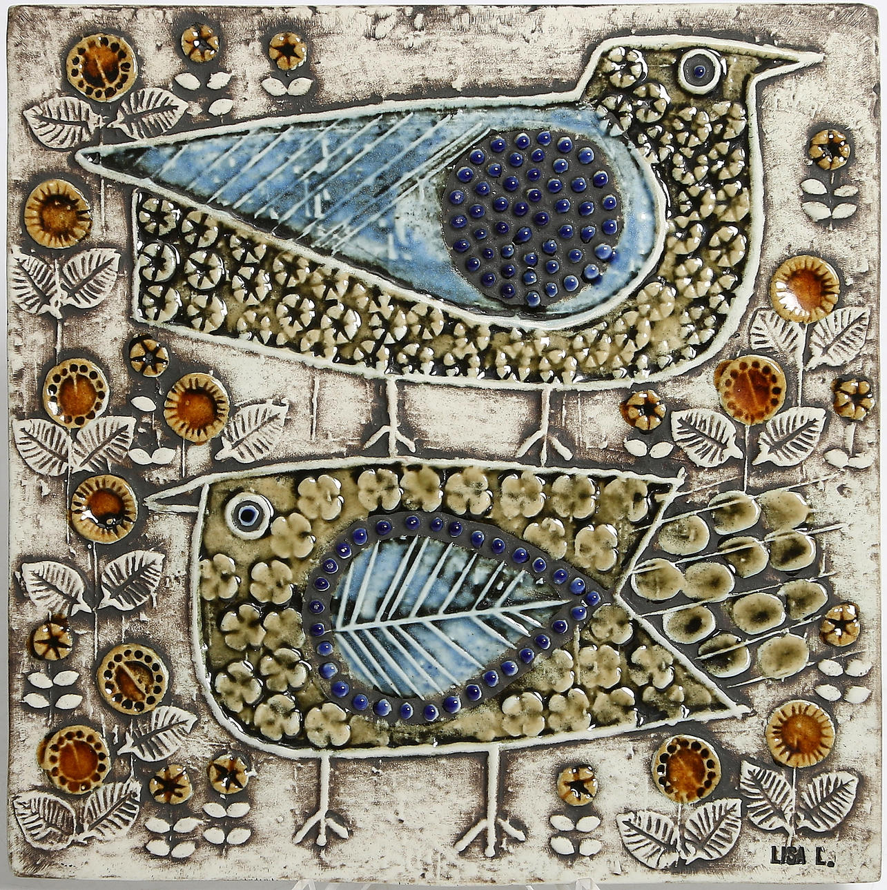 LISA LARSON. Väggrelief, stengods, fåglar, Gustavsberg, 1900-tal.