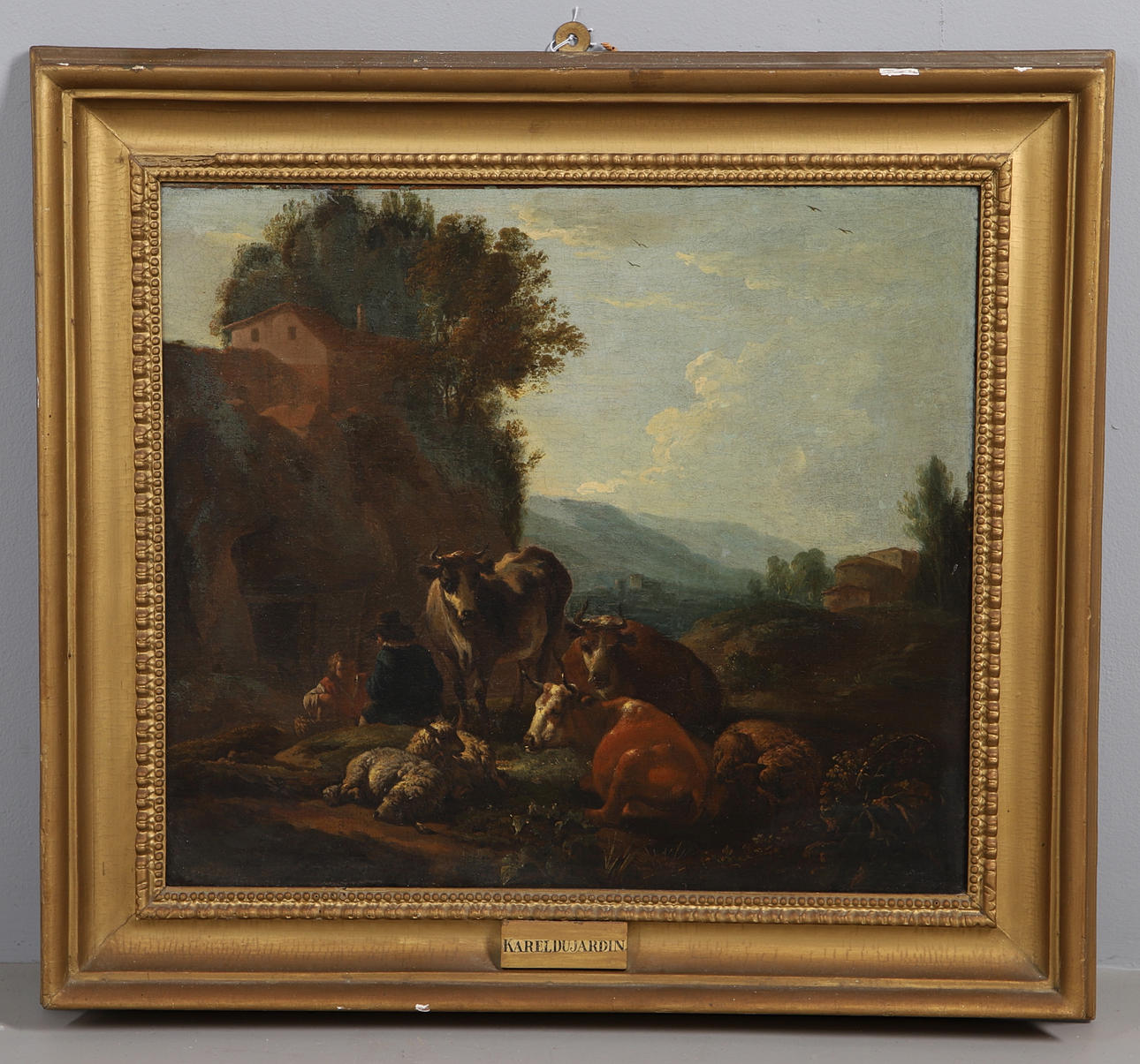 ATTRIBUTED TO KAREL DUJARDIN (1622-1678). PASTORAL LANDSCAPE WITH FIGURES, CATTLE & SHEEP.