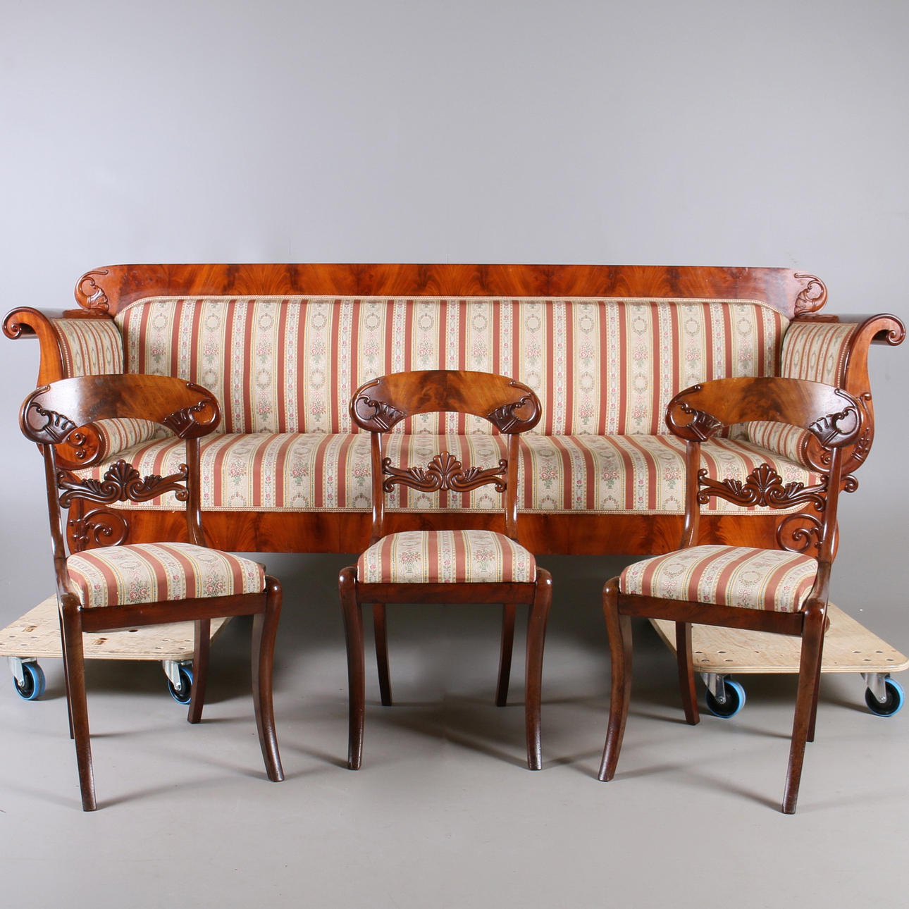 SOFFA, samt stolar, 4 delar, mahogny, Karl Johan, 1800-talets första hälft.