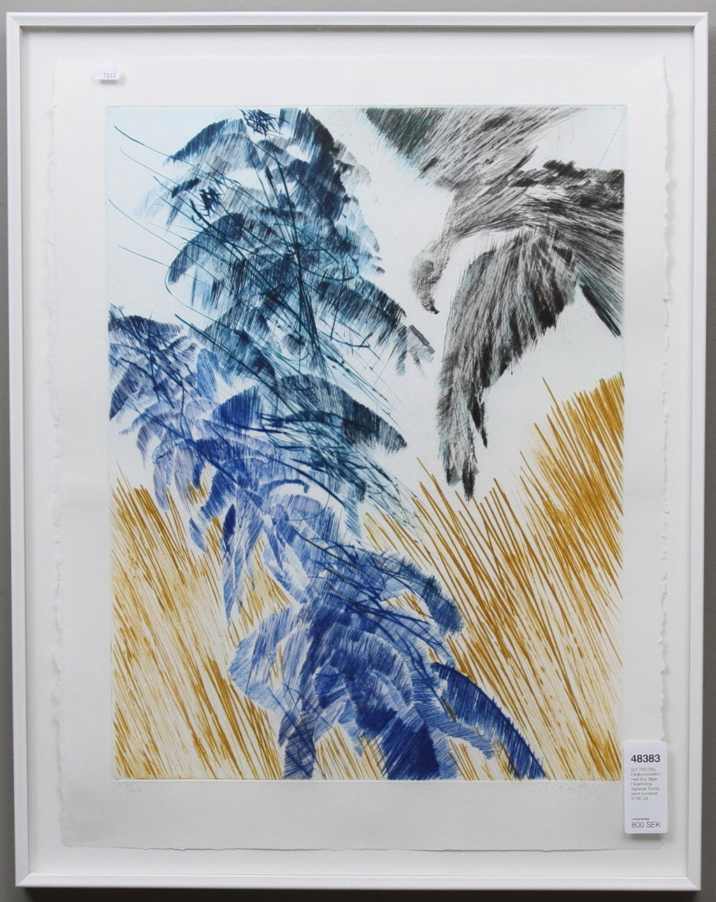 ULF TROTZIG. Färgkomposition med bl.a. fågel. Färgetsning, Signerad Trotzig samt numrerad 47/60.