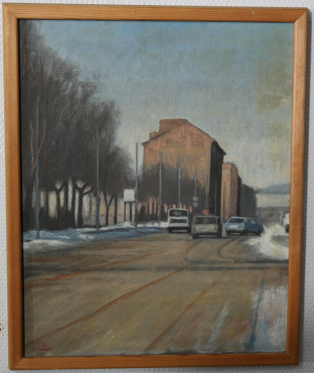 STIG OLSON. Olja på duk, Trafikstockning i Genarp, signerad.
