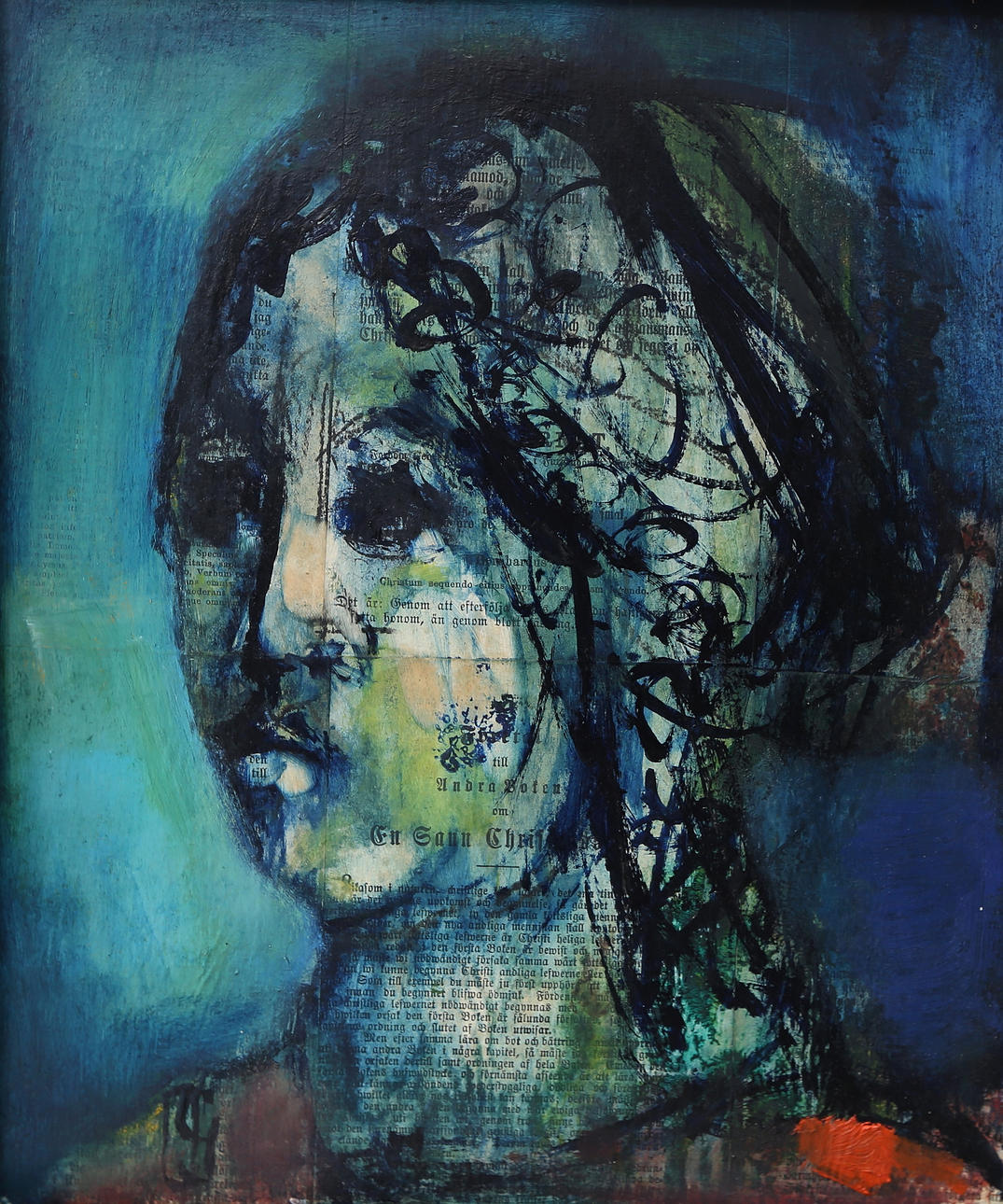 OLLE GUSTAFSSON. Mixed media, portrait, monogram signed.