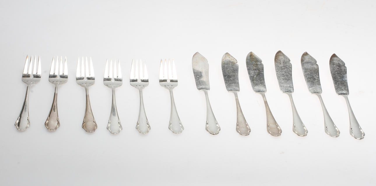 FICKBESTICK, 12 delar, nysilver, "Haga", Skandia, 1900-tal.