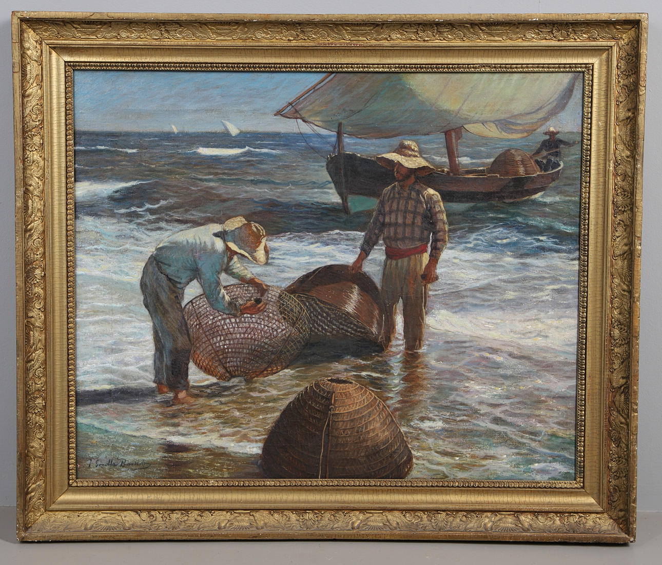 AFTER JOAQUÍN SOROLLA Y BASTIDA (1863-1923). MEDITERRANEAN COASTAL SCENE WITH FISHERMEN UNLOADING THEIR BOATS.