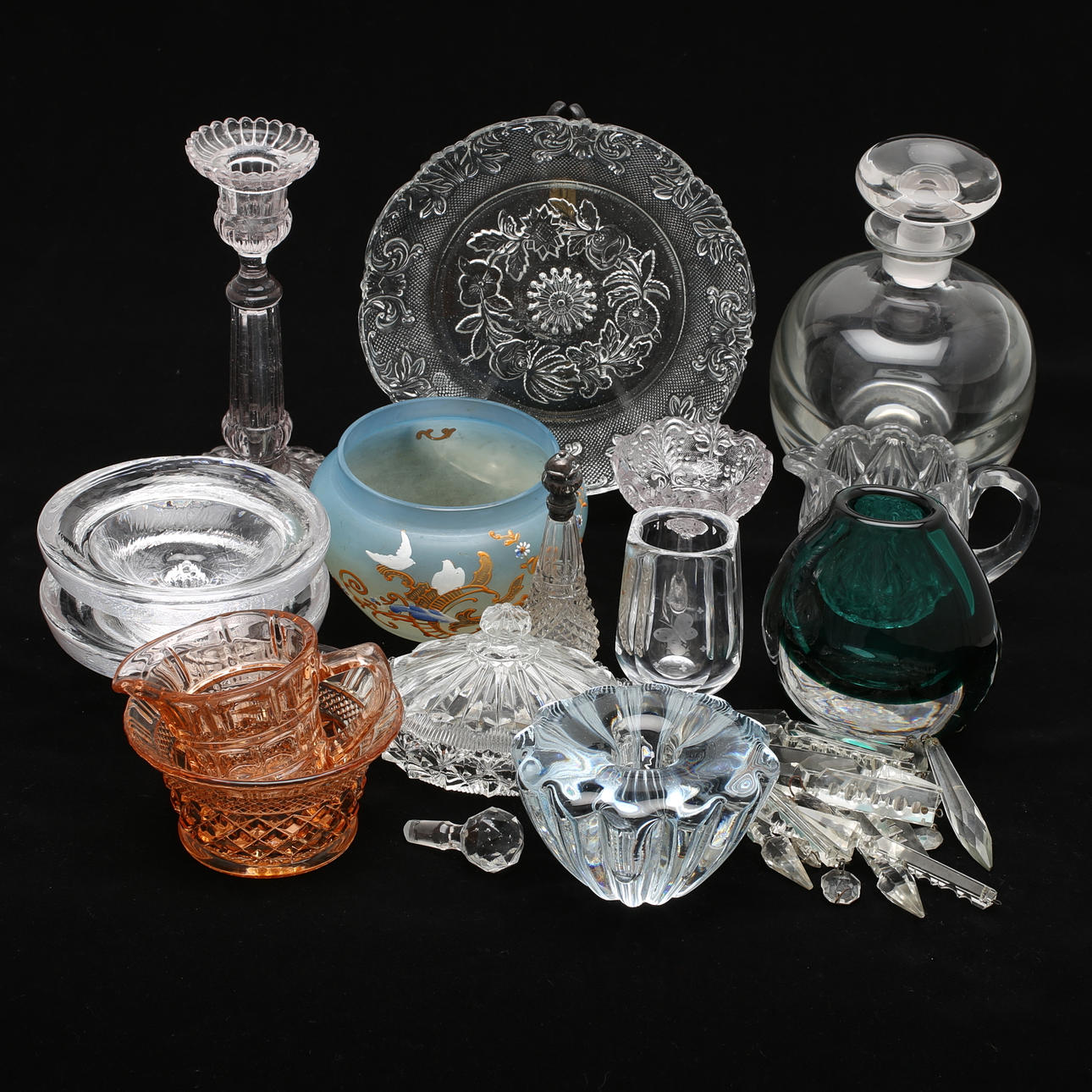 PARTI VASER, LJUSSTAKAR, PRISMOR m m, glas.