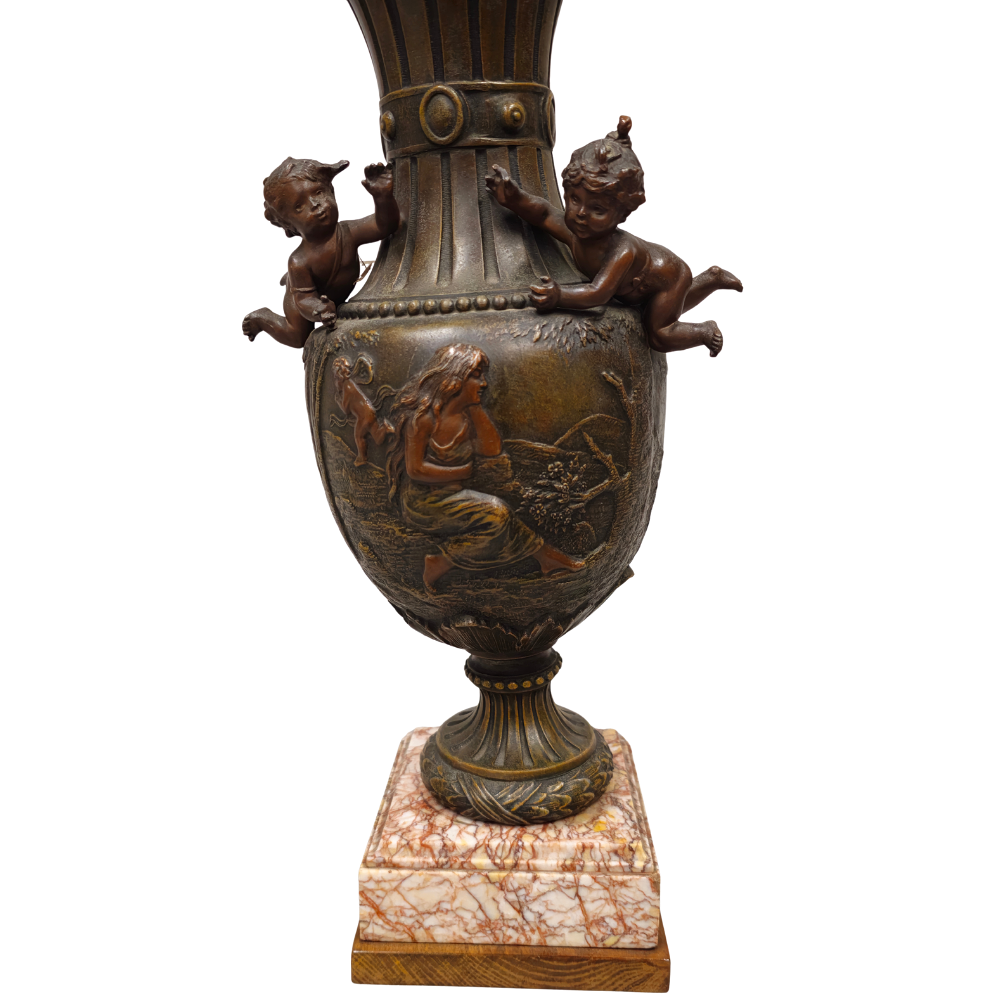 BRONZE AMPHORA WITH VEINED MARBLE BASE. NEOCLASSICAL STYLE. Silver ...