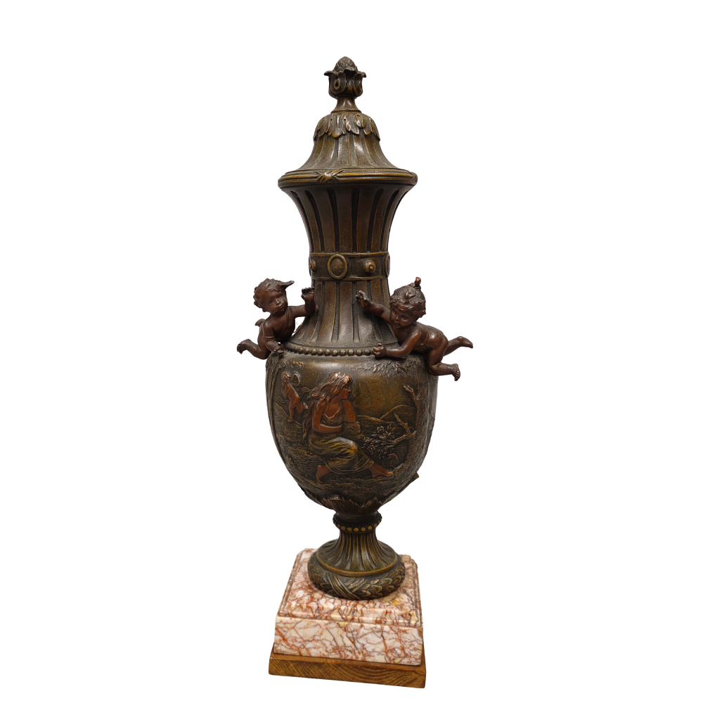 BRONZE AMPHORA WITH VEINED MARBLE BASE. NEOCLASSICAL STYLE. Silver ...