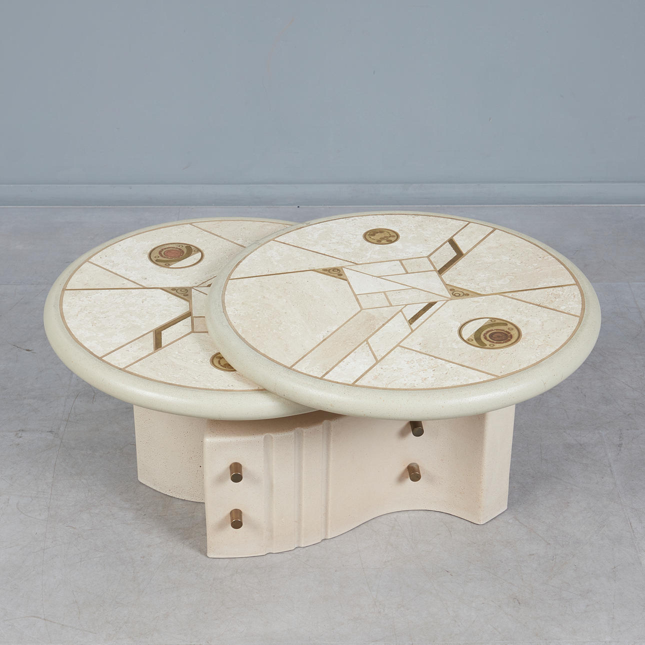 PAUL KINGMA. Brutalist coffee table/side table, travertine, brass, signed, 1980s, Netherlands.