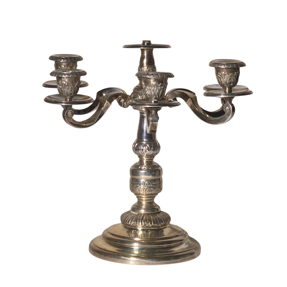 SIX-ARMED SILVER CANDLESTICK.