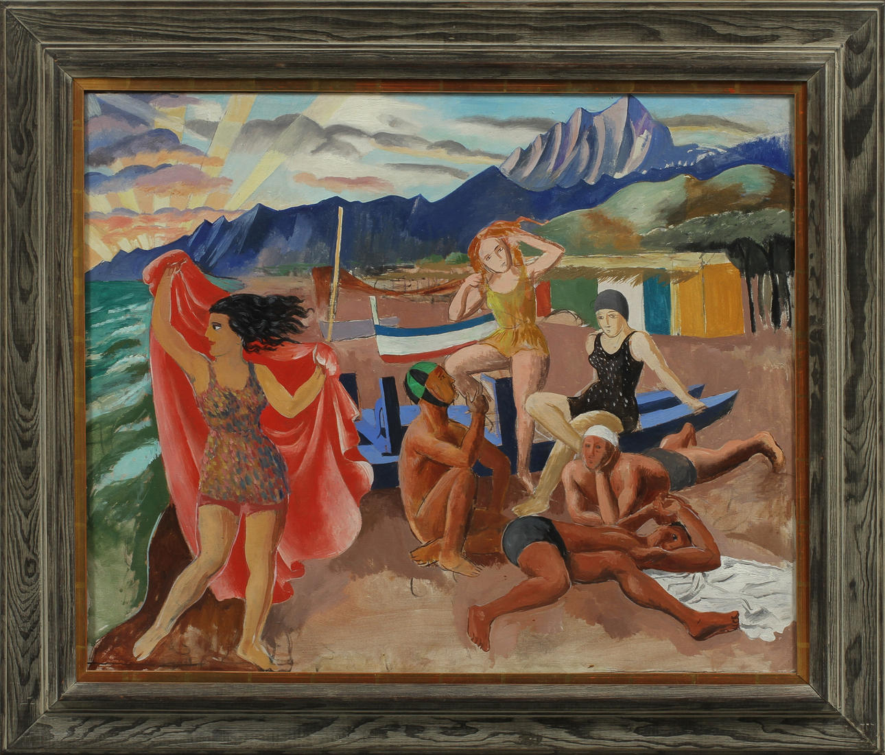 ARVID FOUGSTEDT. Solbadare på stranden. Olja på duk, osignerad.