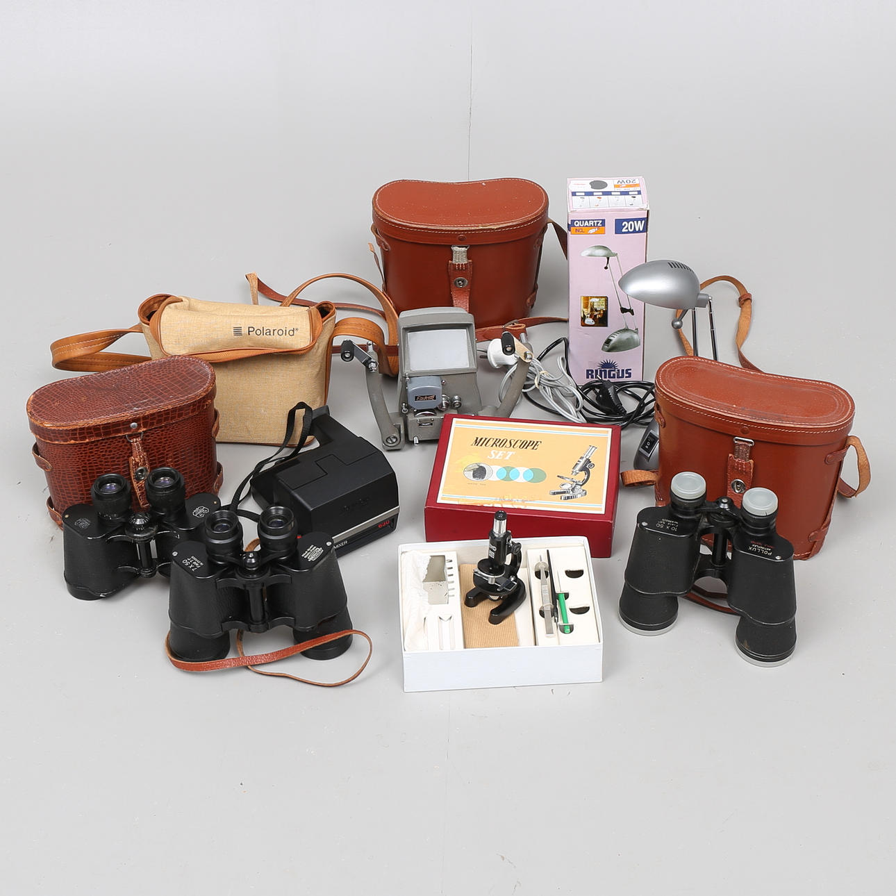 KIKARE, POLAROIDKAMERA, MIKROSKOP, FILMREDIGERARE, ARBETSLAMPA, 7 delar, Astron, Pollux, Polaroid m fl.