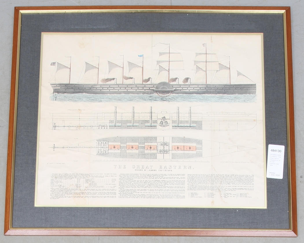 INFORMATIONSPLANSCH, "The Great Eastern. Designed by I K. Brunell", kolorerat tryck, 1856.