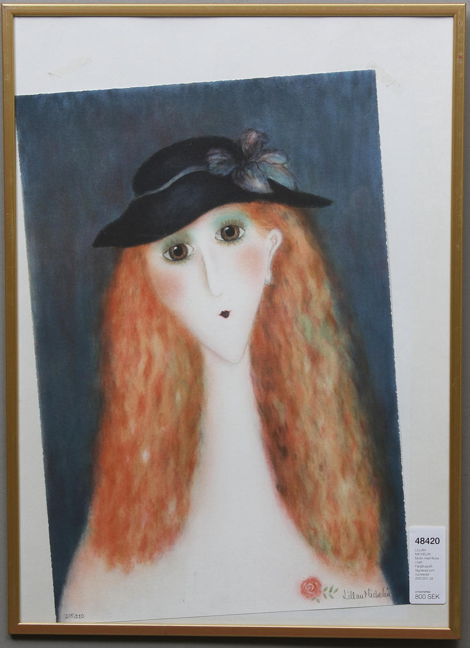 LILLAN MICHELIN. Motiv med flicka i hatt. Färglitografi. Signerad och numrerad 205/220.