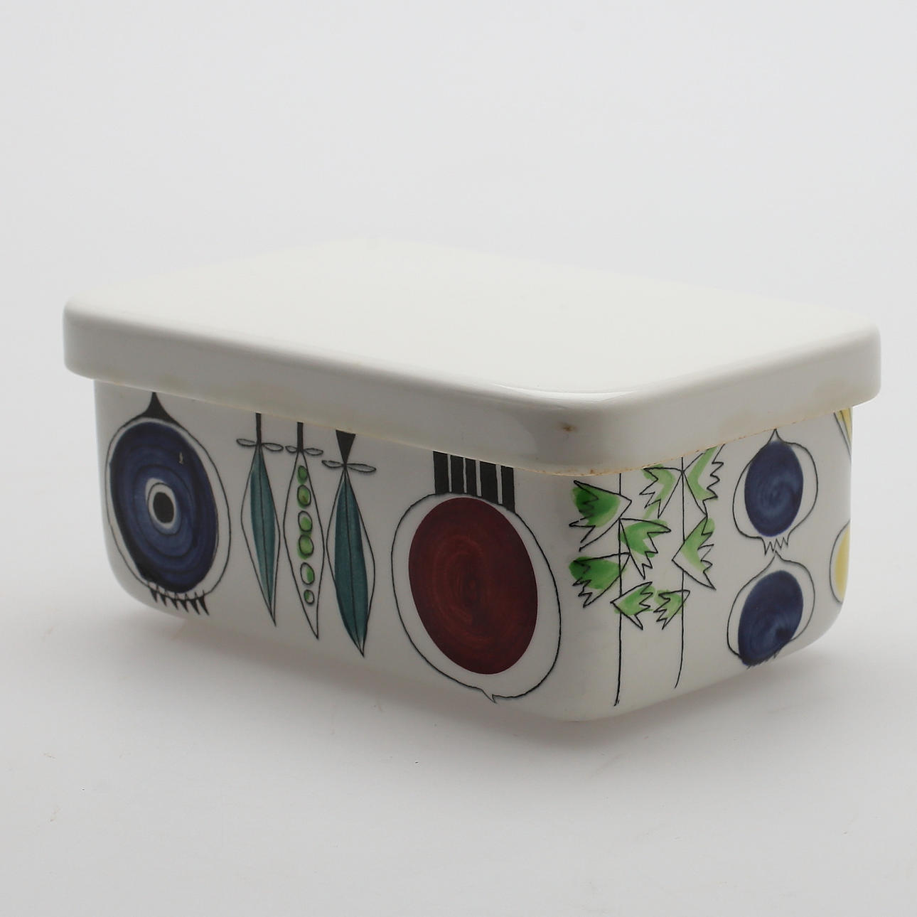 SMÖRASK, med lock, porslin, "Picknick", Rörstrand, i produktion 1956-69.