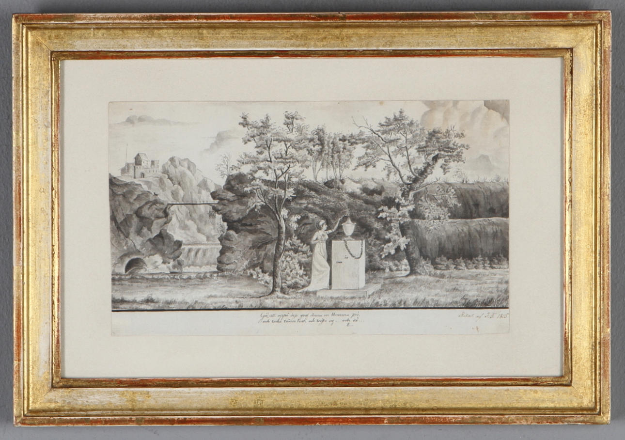 OKÄND KONSTNÄR. Landskap med kvinna, tuschlavering, monogramsingerad FF, 17/1800-tal.