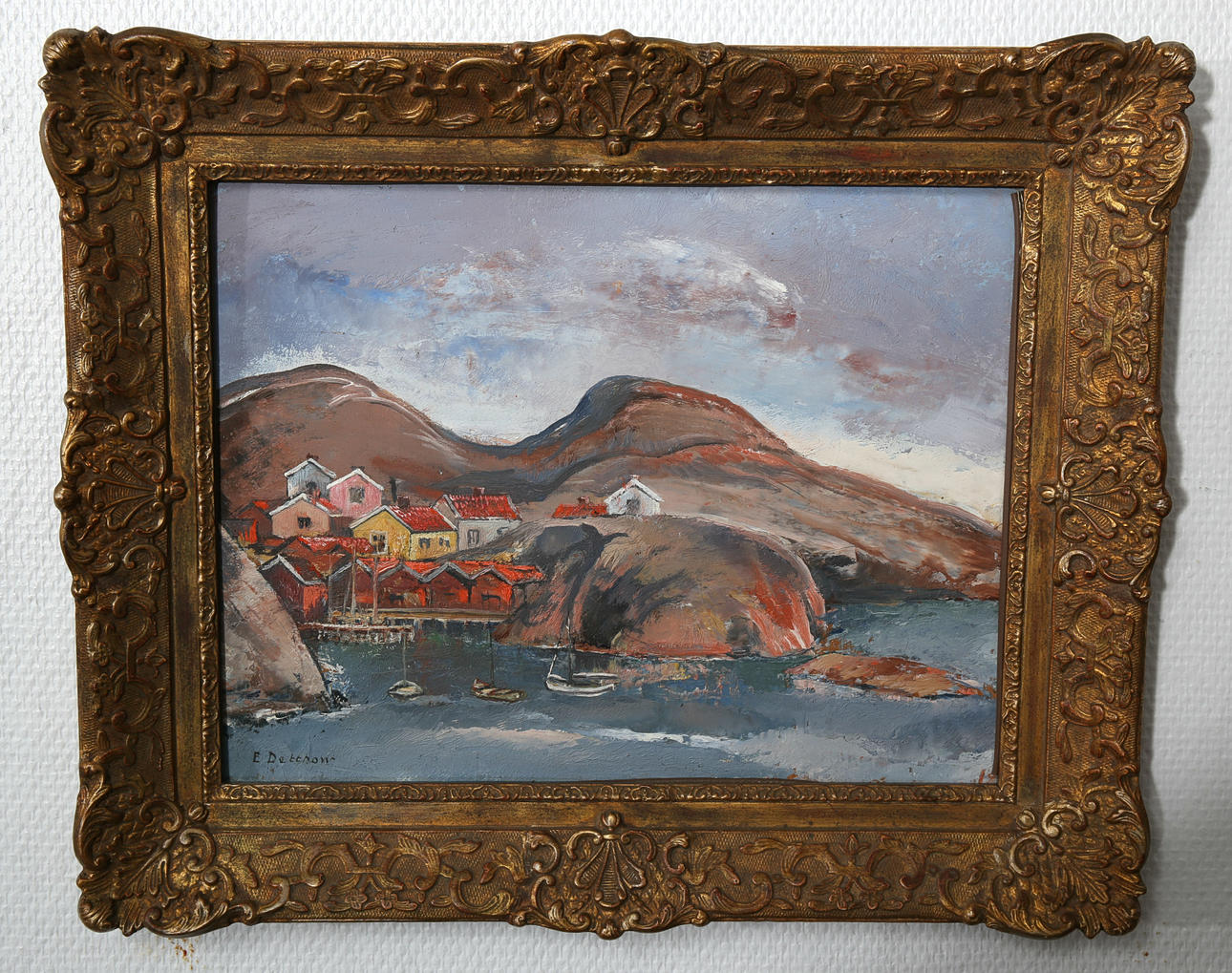 ERIC DETTHOW. Olja på träpannå, Fiskeläge, signerad E Detthow.