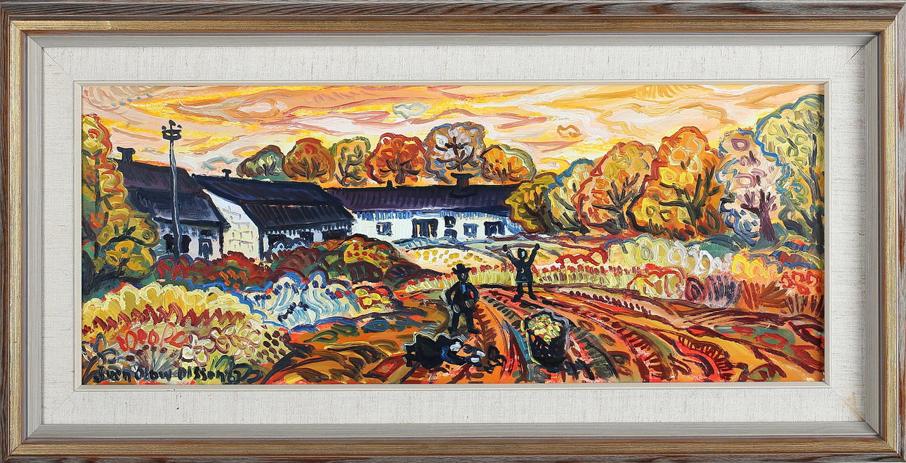 SVEN OLOW OLSSON. Skördetid, olja på pannå, signerad samt daterad -67.