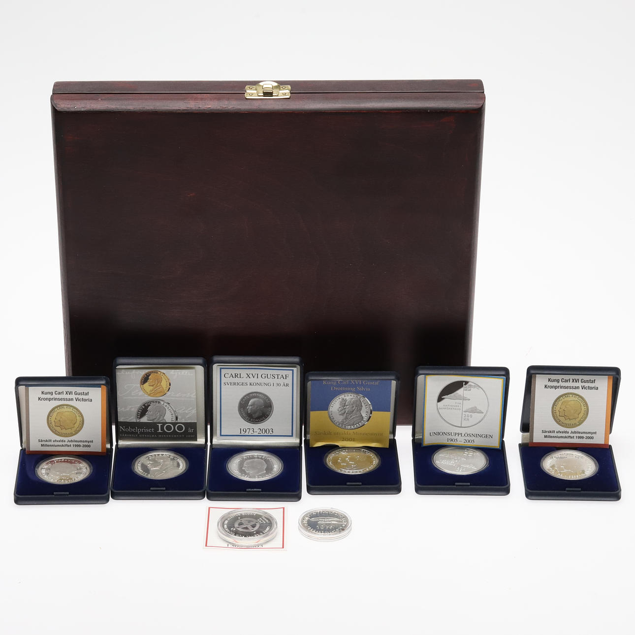 Jubilæumsmønter, 8 stk, sølv, 204 gram.