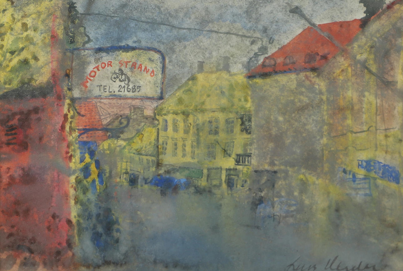 LARS HERDER. Cityscape, mixed media, signed.