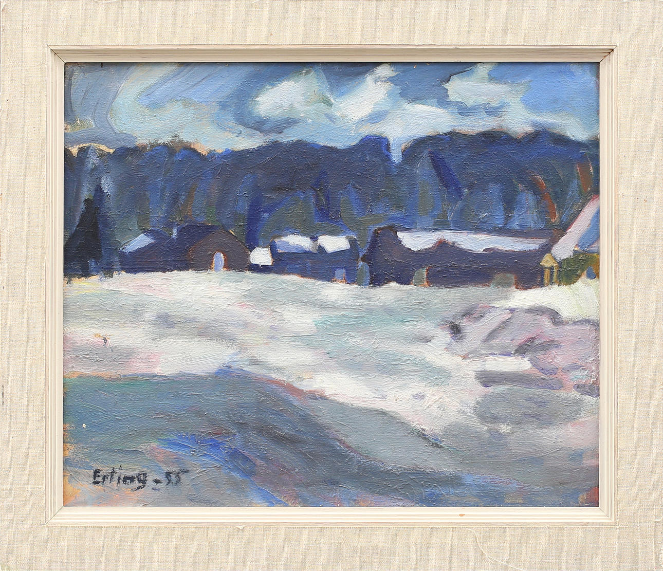 ERLING JOHANSSON. Olja på pannå, landskap, signerad Erling, daterad -55.