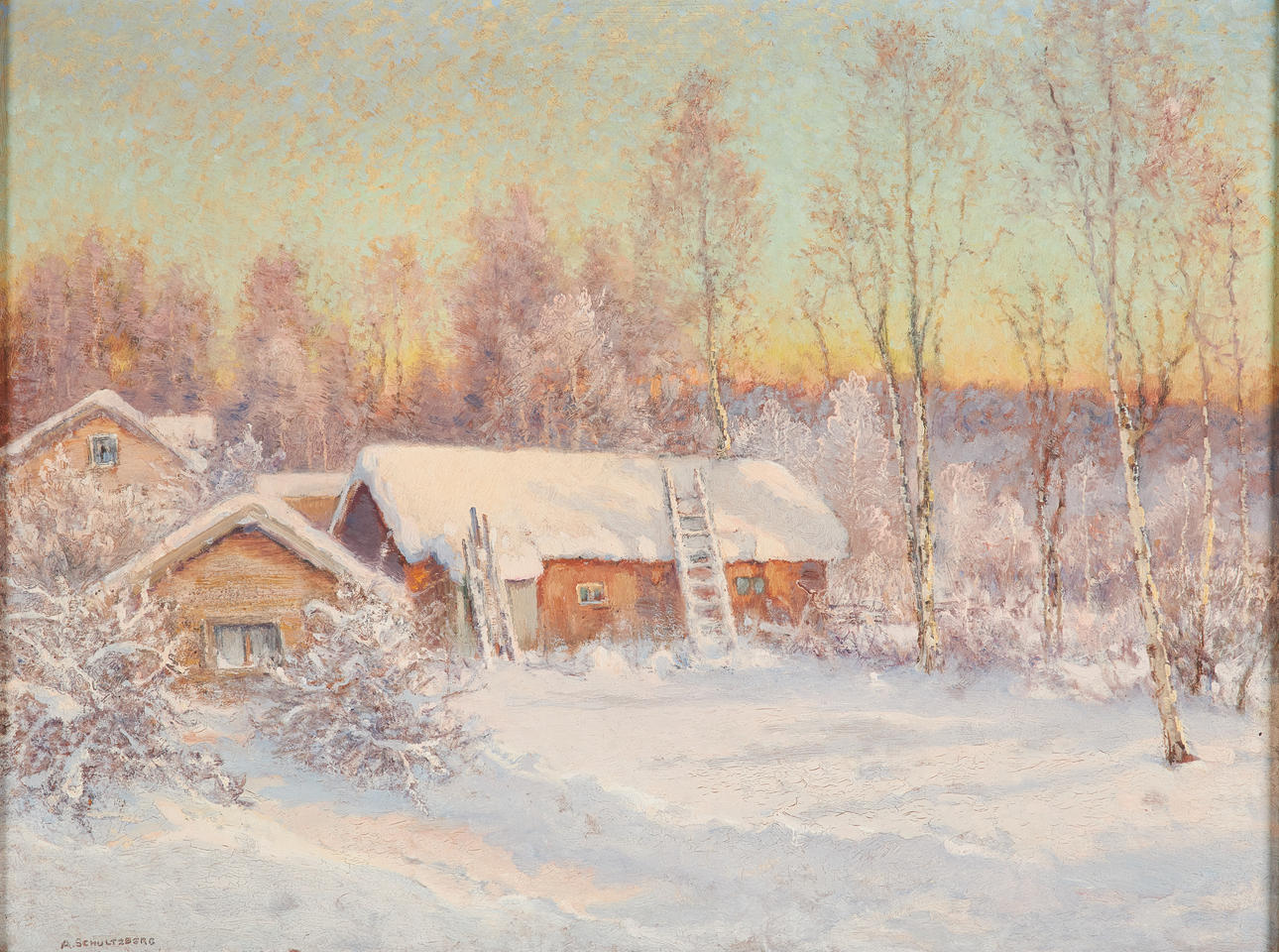 ANSHELM SCHULTZBERG. Winter landscape with yard.