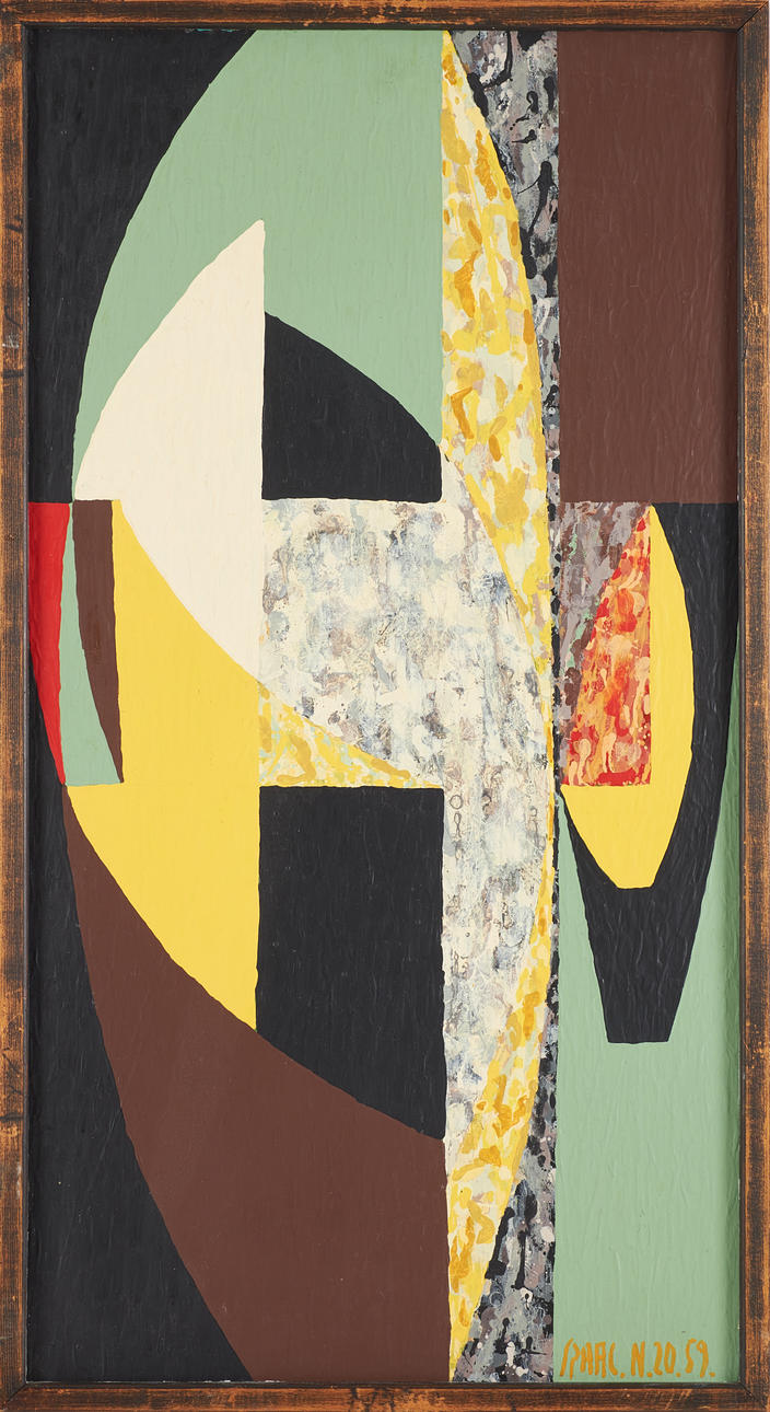 LARS SPAAK. composition, oil/mixed media, signed and dated 59.
