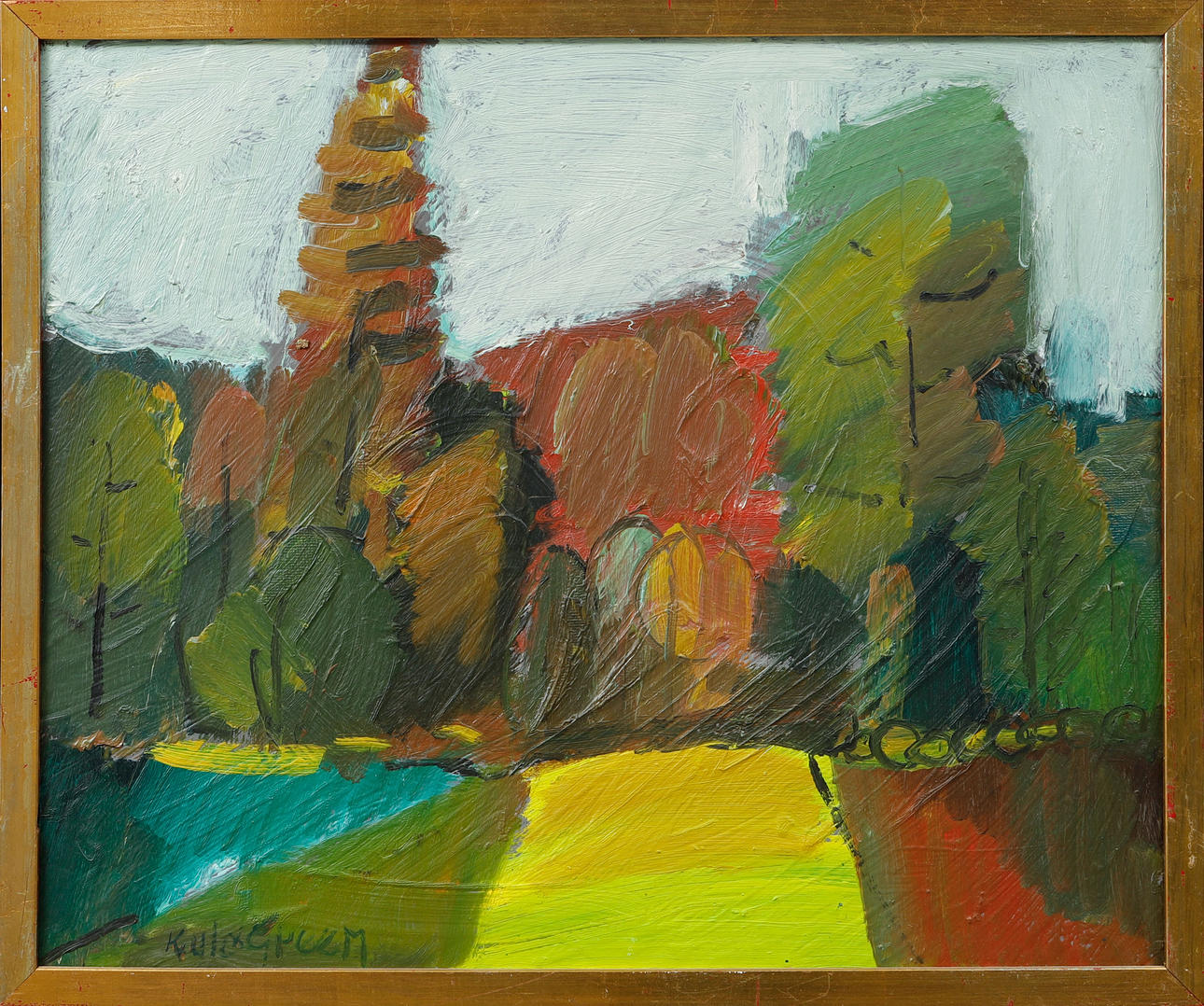 KULO GREEN. Landscape with trees, oil on panel, signed.