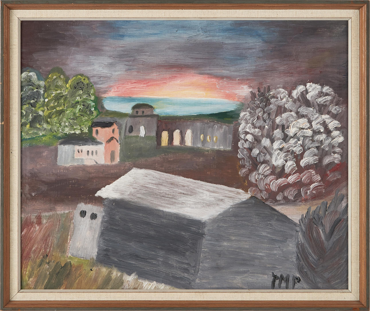 PRIMUS MORTIMER PETTERSSON. Buildings, oil on panel, monogram signed.