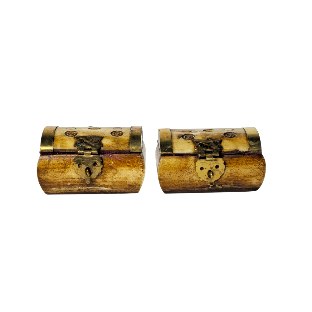 TWO BOXES/CHEST IN WOOD, BONE AND BRASS.