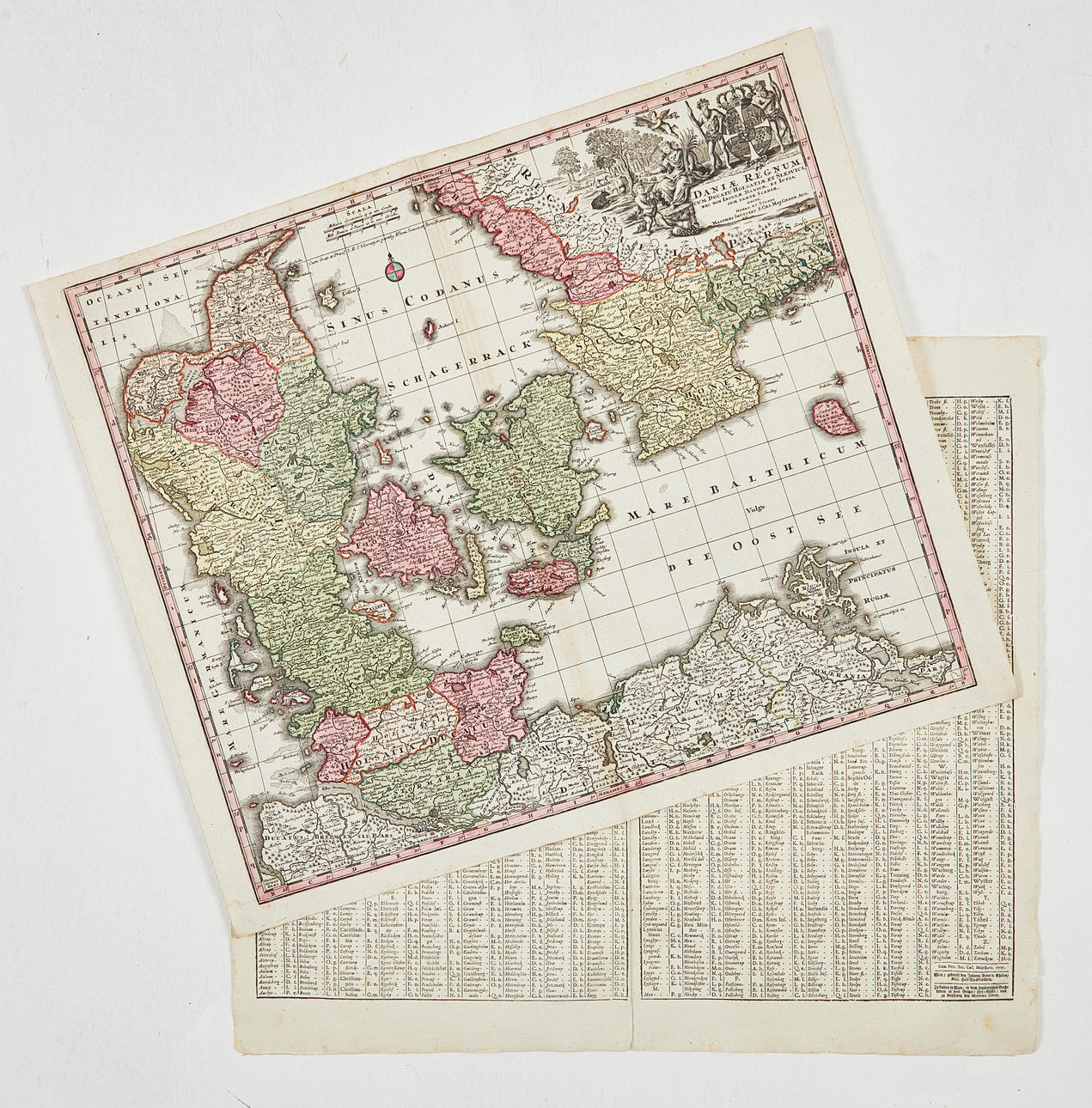 KARTA ÖVER DANMARK AV SEUTTER, ca 1740, samt indexblad.